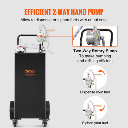 Bränslebehållare, 145 liter, bensintank på fyra hjul, med manuell överföringspump, bensin- och dieselbehållare för bilar, gräsklippare, fyrhjulingar, båtar, mer, svart