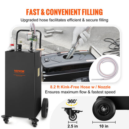 Bränslebehållare, 145 liter, bensintank på fyra hjul, med manuell överföringspump, bensin- och dieselbehållare för bilar, gräsklippare, fyrhjulingar, båtar, mer, svart