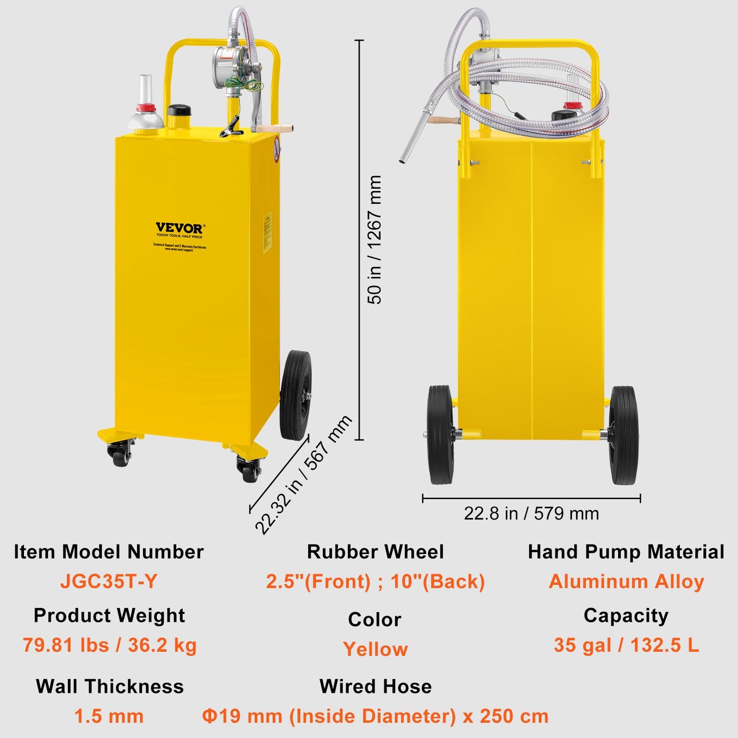 Fuel Caddy, 35 Gallon, Gas Storage Tank on 4 Wheels, with Manuel Transfer Pump, Gasoline Diesel Fuel Container for Cars, Lawn Mowers, ATVs, Boats, More, Yellow
