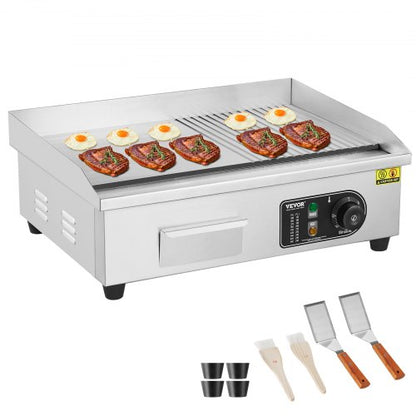 Commercial Electric Griddle, 3200W Countertop Half-Flat Top Grill, 122℉-572℉ Adjustable Temp, 21.26x11.81x0.39in Stainless Steel Griddle Grill with 2 Shovels and 2 Brushes for Home or Restaurant