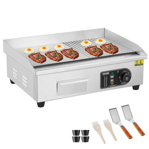 Commercial Electric Griddle, 3200W Countertop Half-Flat Top Grill, 122℉-572℉ Adjustable Temp, 21.26x11.81x0.39in Stainless Steel Griddle Grill with 2 Shovels and 2 Brushes for Home or Restaurant
