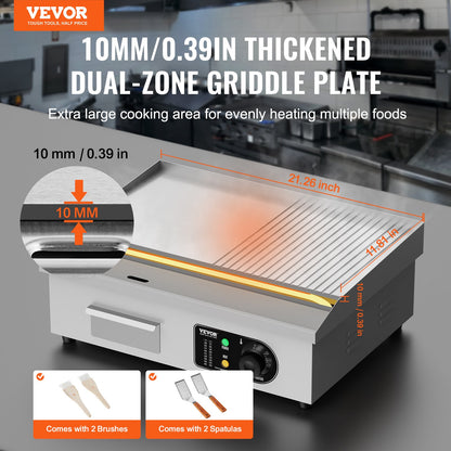 Commercial Electric Griddle, 3200W Countertop Half-Flat Top Grill, 122℉-572℉ Adjustable Temp, 21.26x11.81x0.39in Stainless Steel Griddle Grill with 2 Shovels and 2 Brushes for Home or Restaurant