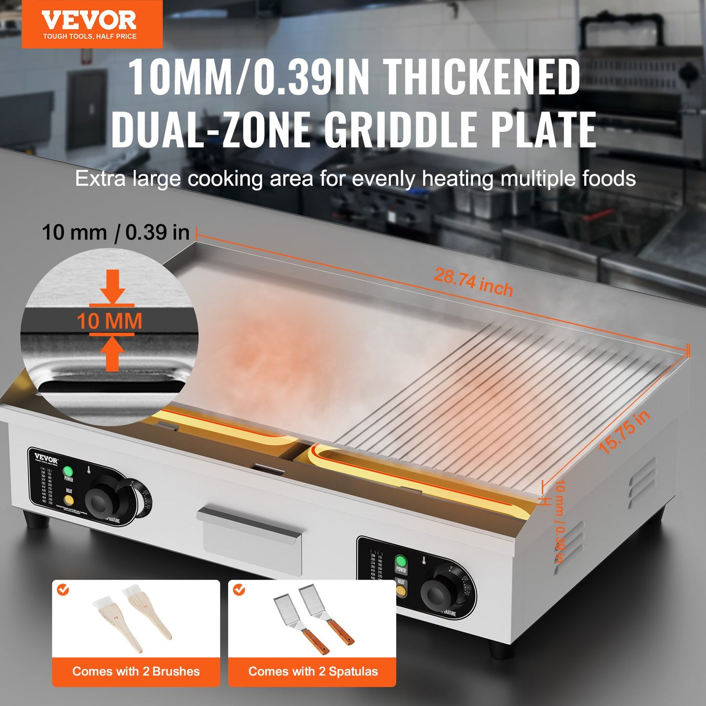 Commercial Electric Griddle, 4400W Countertop Half-Flat Top Grill, 122℉-572℉ Adjustable Temp, 28.74x15.75x0.39in Stainless Steel Griddle Grill with 2 Shovels and 2 Brushes for Home or Restaurant