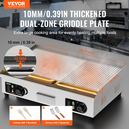 Commercial Electric Griddle, 4400W Countertop Half-Flat Top Grill, 122℉-572℉ Adjustable Temp, 28.74x15.75x0.39in Stainless Steel Griddle Grill with 2 Shovels and 2 Brushes for Home or Restaurant