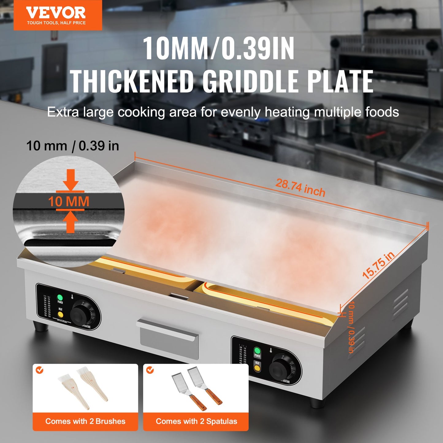 Commercial Electric Griddle, 4400W Countertop Flat Top Grill, 122℉-572 ℉ Adjustable Temp, 28.74 x 15.75 x 0.39in Stainless Steel Griddle Grill with 2 Shovels, for Home or Restaurant(No Plug)
