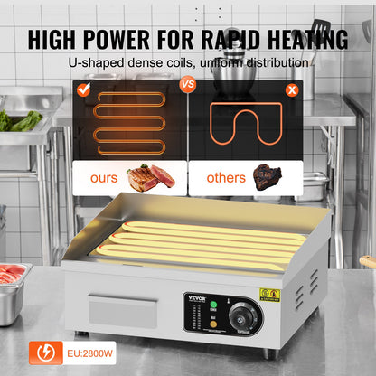 Commercial Electric Griddle, 2800W Countertop Flat Top Grill, 122℉-572 ℉ Adjustable Temp, 17.72 x 11.81 x 0.39in Stainless Steel Griddle Grill with 2 Shovels and 2 Brushes for Home or Restaurant