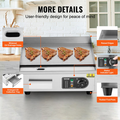 Commercial Electric Griddle, 2800W Countertop Flat Top Grill, 122℉-572 ℉ Adjustable Temp, 17.72 x 11.81 x 0.39in Stainless Steel Griddle Grill with 2 Shovels and 2 Brushes for Home or Restaurant