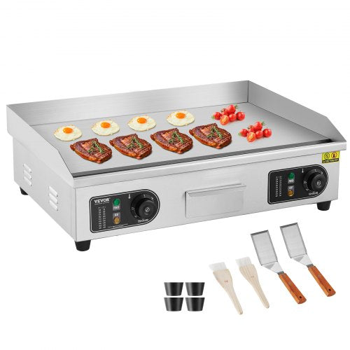 Commercial Electric Griddle, 4000W Countertop Flat Top Grill, 122℉-572 ℉ Adjustable Temp, 25.98 x 15.75 x 0.39in Stainless Steel Griddle Grill with 2 Shovels and 2 Brushes for Home or Restaurant