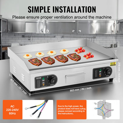 Commercial Electric Griddle, 4000W Countertop Flat Top Grill, 122℉-572 ℉ Adjustable Temp, 25.98 x 15.75 x 0.39in Stainless Steel Griddle Grill with 2 Shovels and 2 Brushes for Home or Restaurant