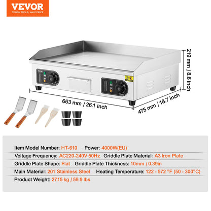 Commercial Electric Griddle, 4000W Countertop Flat Top Grill, 122℉-572 ℉ Adjustable Temp, 25.98 x 15.75 x 0.39in Stainless Steel Griddle Grill with 2 Shovels and 2 Brushes for Home or Restaurant