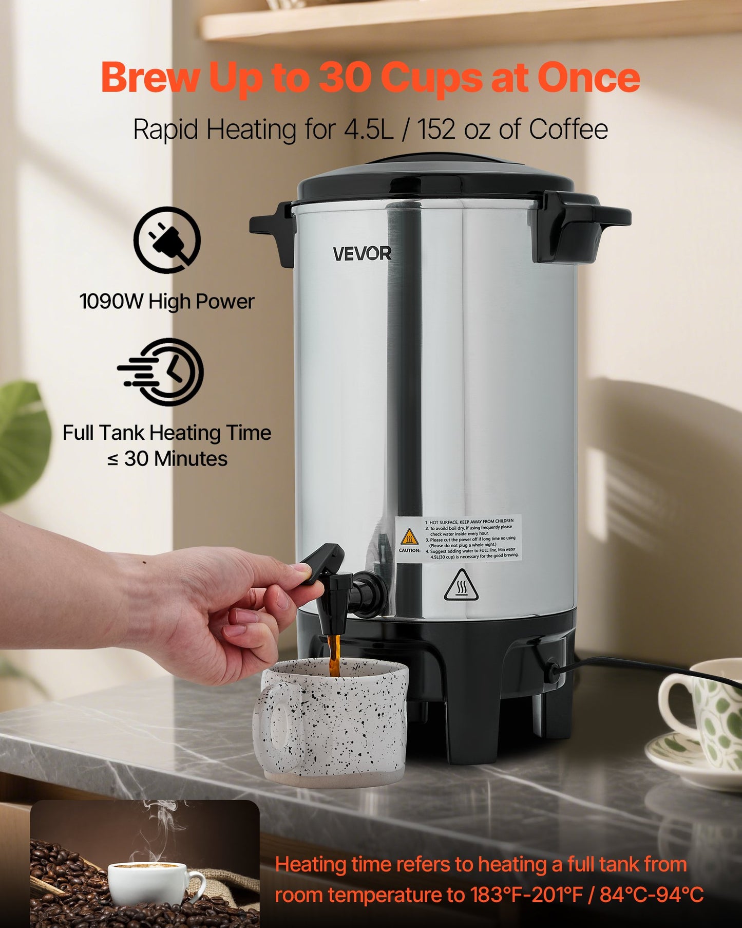 Kommersiell kaffeurna, 30 koppar 4,5 l varma dryckesdispenser med droppfri kran, snabbbryggande kommersiell kaffebryggare, automatisk temperaturkontroll, för catering, fest, kyrka och restaurang