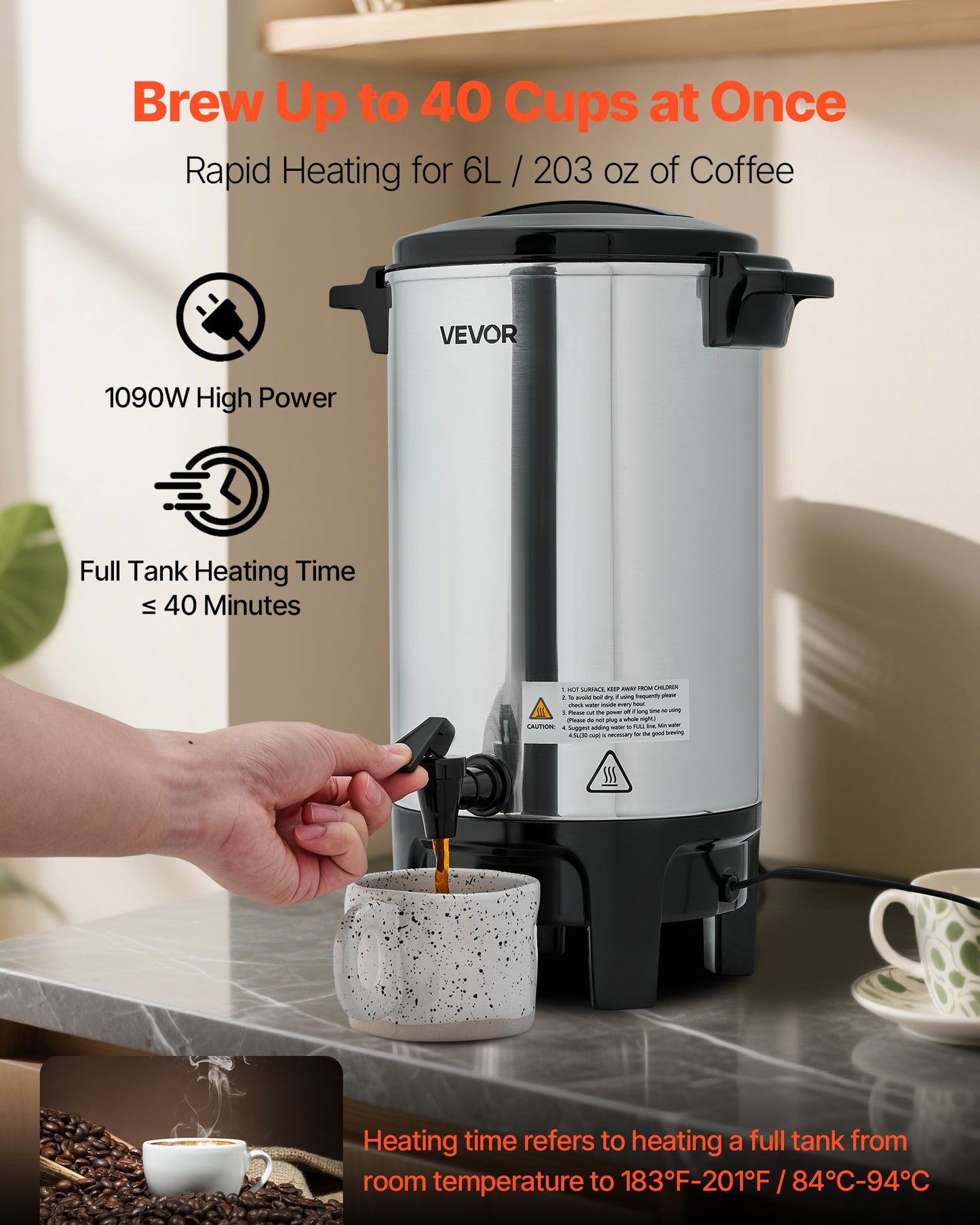 Kommersiell kaffeurna, 40 koppar 6 l varma dryckesdispenser med droppfri kran, snabbbryggande kommersiell kaffebryggare, automatisk temperaturkontroll, för catering, fest, kyrka och restaurang