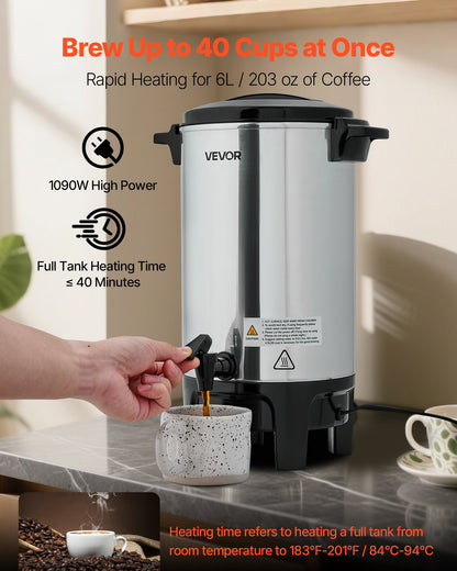 Kommersiell kaffeurna, 40 koppar 6 l varma dryckesdispenser med droppfri kran, snabbbryggande kommersiell kaffebryggare, automatisk temperaturkontroll, för catering, fest, kyrka och restaurang