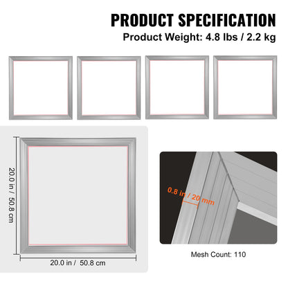 Screen Printing Kit Silk Screen Printing Frame 50.8 cm x 50.8 cm 110 Count Mesh 4pcs