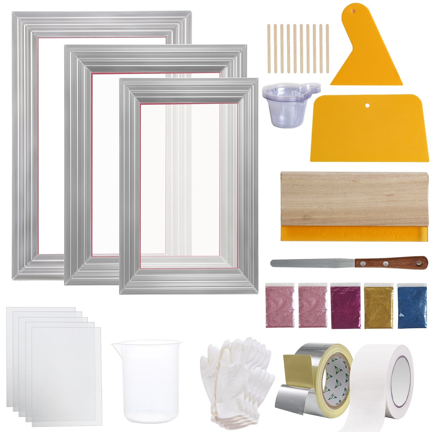 Screentryckssats, 3 delar aluminiumramar för silkscreentryck, 6x10/8x12/10x14 tum, 110-pack nät, 5 glitter och screentrycksskrapor och transparentfilm för t-shirts, gör-det-själv-tryck