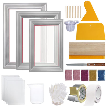 Screentryckssats, 3 delar aluminiumramar för silkscreentryck, 6x10/8x12/10x14 tum, 110-pack nät, 5 glitter och screentrycksskrapor och transparentfilm för t-shirts, gör-det-själv-tryck