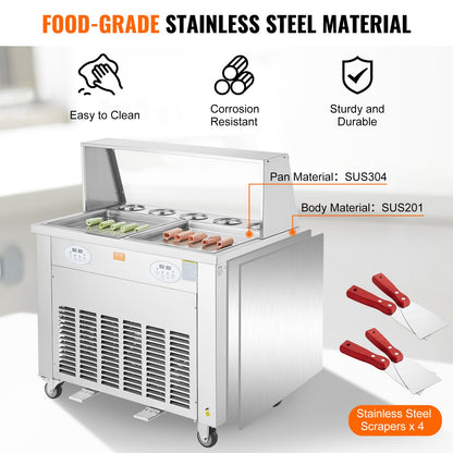 Stekt glassrullmaskin, 2 st 13,8" x 13,8" fyrkantiga wokformar, kommersiell rostfri glassmaskin med kompressor och 4 skrapor, för glass, fryst yoghurt