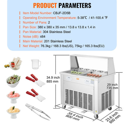 Stekt glassrullmaskin, 2 st 13,8" x 13,8" fyrkantiga wokformar, kommersiell rostfri glassmaskin med kompressor och 4 skrapor, för glass, fryst yoghurt