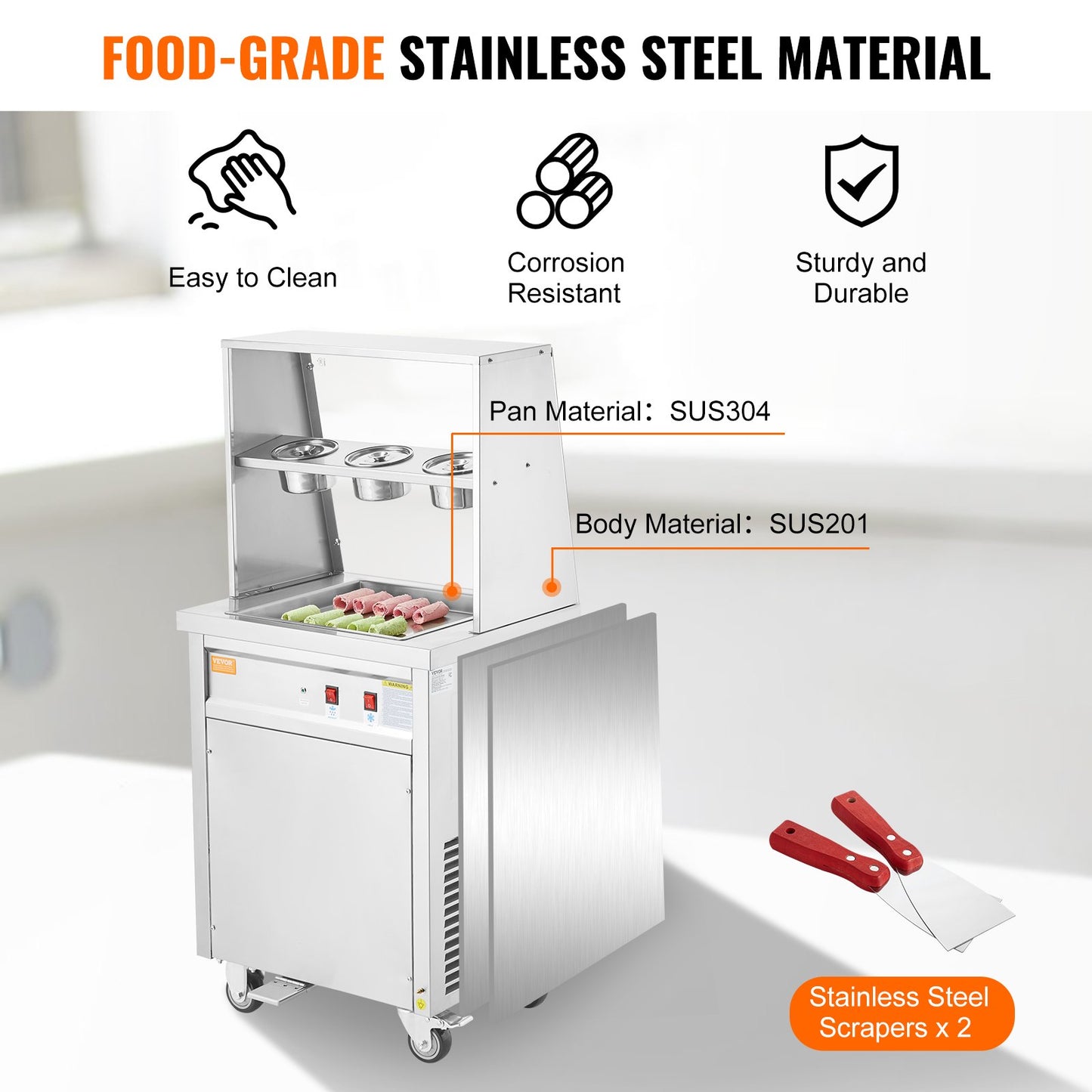 Stekt glassrullmaskin, 13,8" x 13,8" fyrkantig wokform, kommersiell glassmaskin i rostfritt stål med kompressor och 2 skrapor, för att göra glass, fryst yoghurt