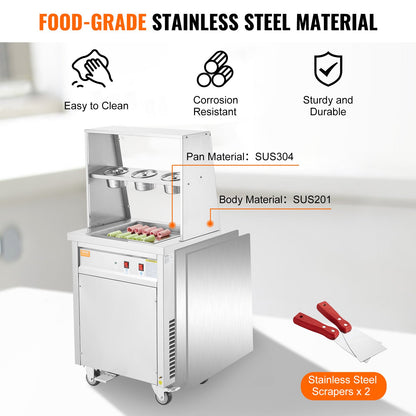 Stekt glassrullmaskin, 13,8" x 13,8" fyrkantig wokform, kommersiell glassmaskin i rostfritt stål med kompressor och 2 skrapor, för att göra glass, fryst yoghurt