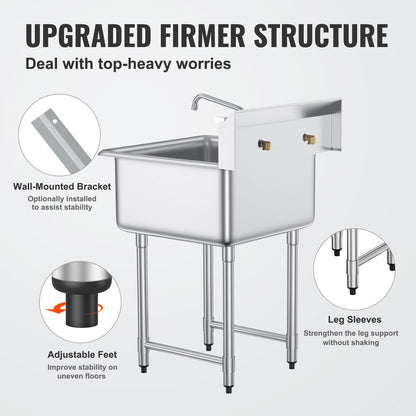 Stainless Steel Prep & Utility Sink, 1 Compartment Free Standing Small Sink Include Faucet & legs, 27"x41" Commercial Single Bowl Sinks for Garage, Restaurant, Kitchen, Laundry