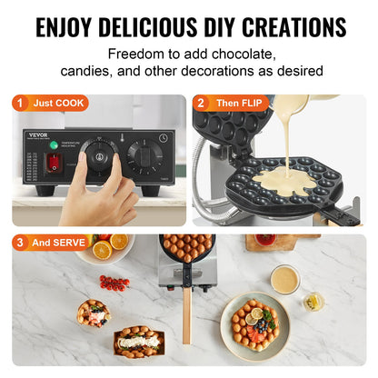 Kommersiell bubbelvåffeljärn, 1400W äggpannkaksmaskin, non-stick äggbubbelpuff i rostfritt stål, 180° roterbar, temperatur- och tidskontroll, trähandtag, för restaurangbageri och snackbar