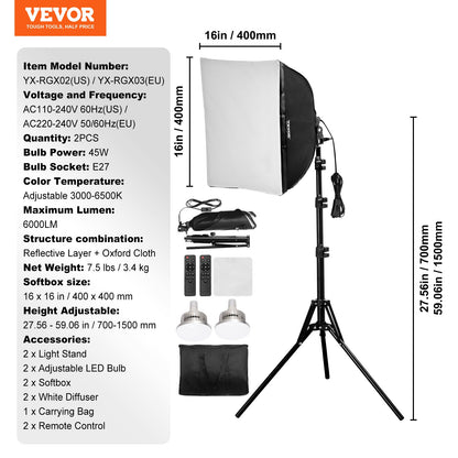 Softbox Lighting Kit 40x40 cm / 16x16 inch 3000-6500K Adjustable for Shooting