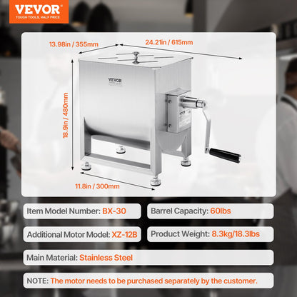 Manual Meat Mixer, 60L Fixed Tank Meat Processing Equipment(Mixing Max 60LBS for Meat), Stainless Steel Meat Mixer, Sausage Mixer Machine with Lid Handle Gear Reducer, Ground Beef Hand Mixer