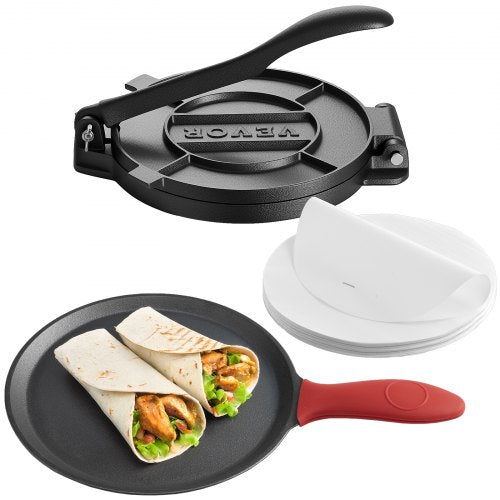 Tortillapress, 25 cm gjutjärnstortilla- och rotimaskin, kraftig tortilladorapress, pataconera-maskiner med handtag och 100 st bakplåtspapper, degtacopress för mjöltortilla, tawa