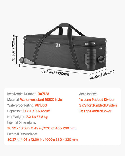 Trolleyväska för studioutrustning 100x38x32cm (39,37 x 14,96 x 12,60 tum) rullande kameraväska