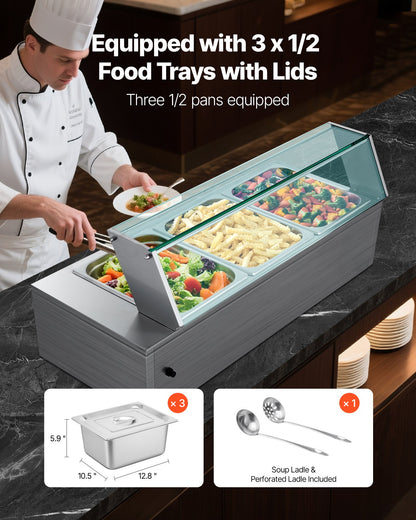 Commercial Food Warmer, 1500W Electric Stainless Steel Steam Food Warmer with Glass Cover, 3-Pan Countertop Buffet Bain Marie with Soup & Perforated Ladles, for Catering, Restaurant & Party
