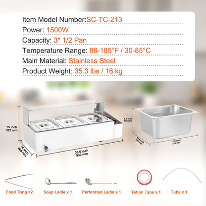 3-Pan Commercial Food Warmer, 3 x 8QT Electric Steam Table with Glass Cover, 1500W Countertop Stainless Steel Buffet Bain Marie 86-185°F Temp Control for Catering, Restaurants, Silver