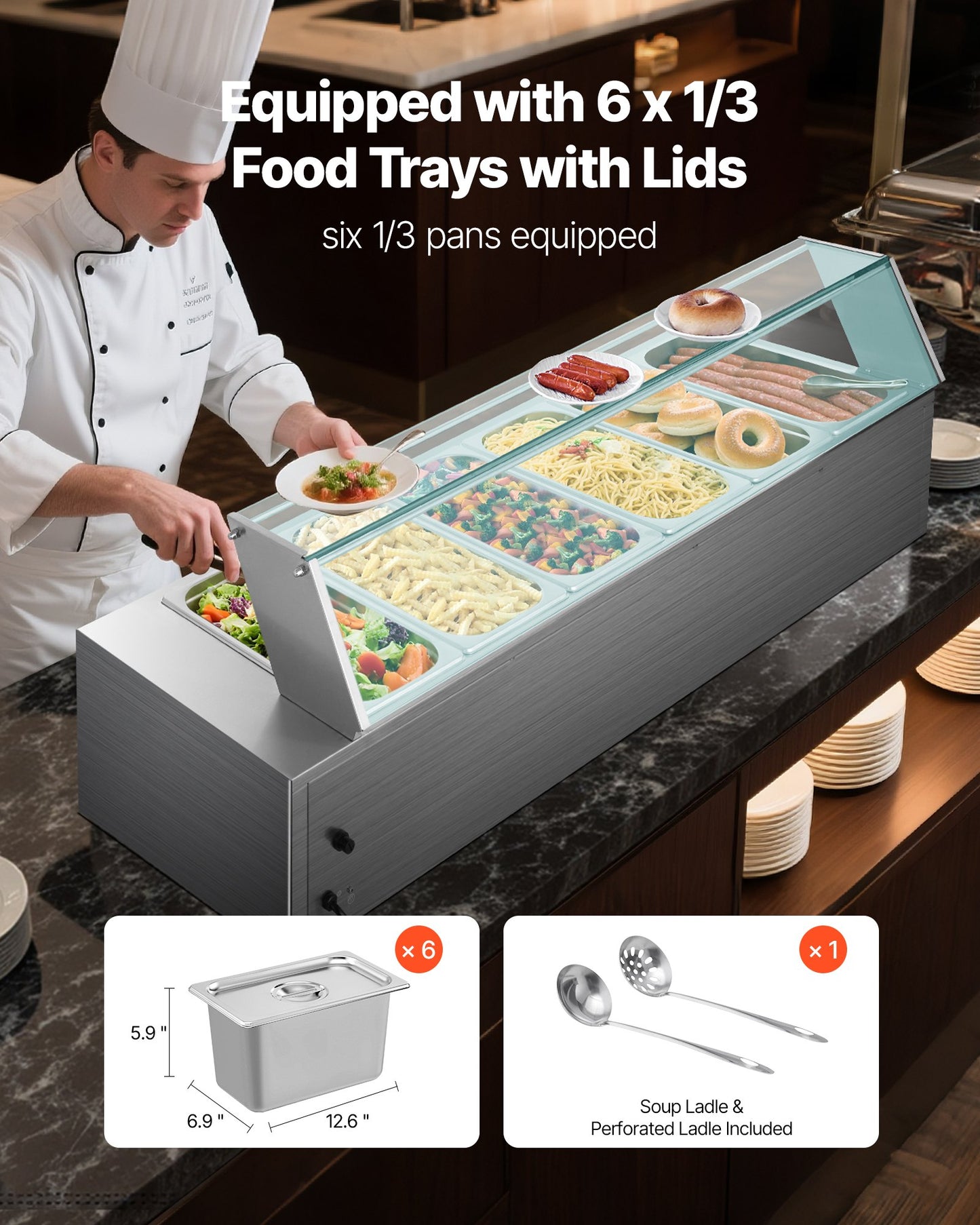 Kommersiell matvärmare, 1500W elektrisk ångvärmare i rostfritt stål med glaslock, 6 x 1/3-pannor, buffé, bain-marie med soppa och perforerade slevar, för catering, restaurang och fest