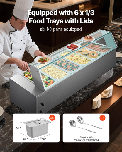 Kommersiell matvärmare, 1500W elektrisk ångvärmare i rostfritt stål med glaslock, 6 x 1/3-pannor, buffé, bain-marie med soppa och perforerade slevar, för catering, restaurang och fest
