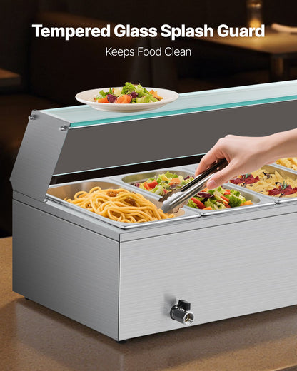 Kommersiell matvärmare, 1500W elektrisk ångvärmare i rostfritt stål med glaslock, 6 x 1/3-pannor, buffé, bain-marie med soppa och perforerade slevar, för catering, restaurang och fest
