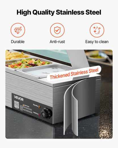 Kommersiell matvärmare, 1500W elektrisk ångvärmare i rostfritt stål med glaslock, 6 x 1/3-pannor, buffé, bain-marie med soppa och perforerade slevar, för catering, restaurang och fest