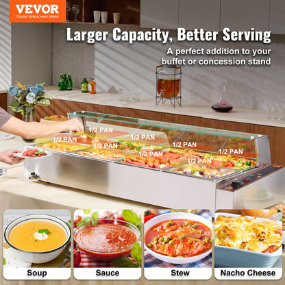 Kommersiell matvärmare med 8 pannor, elektriskt ångbord med 8 x 8QT och glaslock, 1700W bänkskiva i rostfritt stål, buffé med vattenbad, temperaturkontroll för catering och restauranger, silver