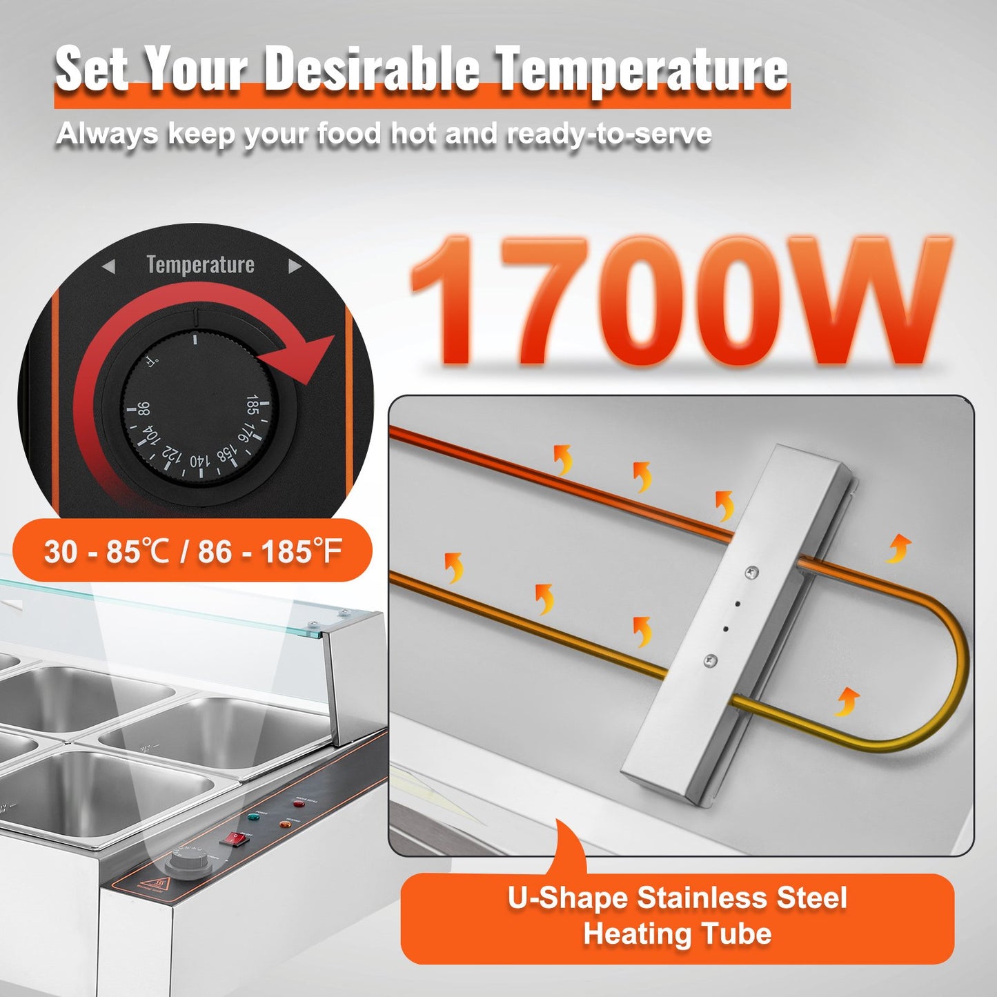8-Pan Commercial Food Warmer, 8 x 8QT Electric Steam Table with Glass Cover, 1700W Countertop Stainless Steel Buffet Bain Marie 86-185°F Temp Control for Catering, Restaurants, Silver