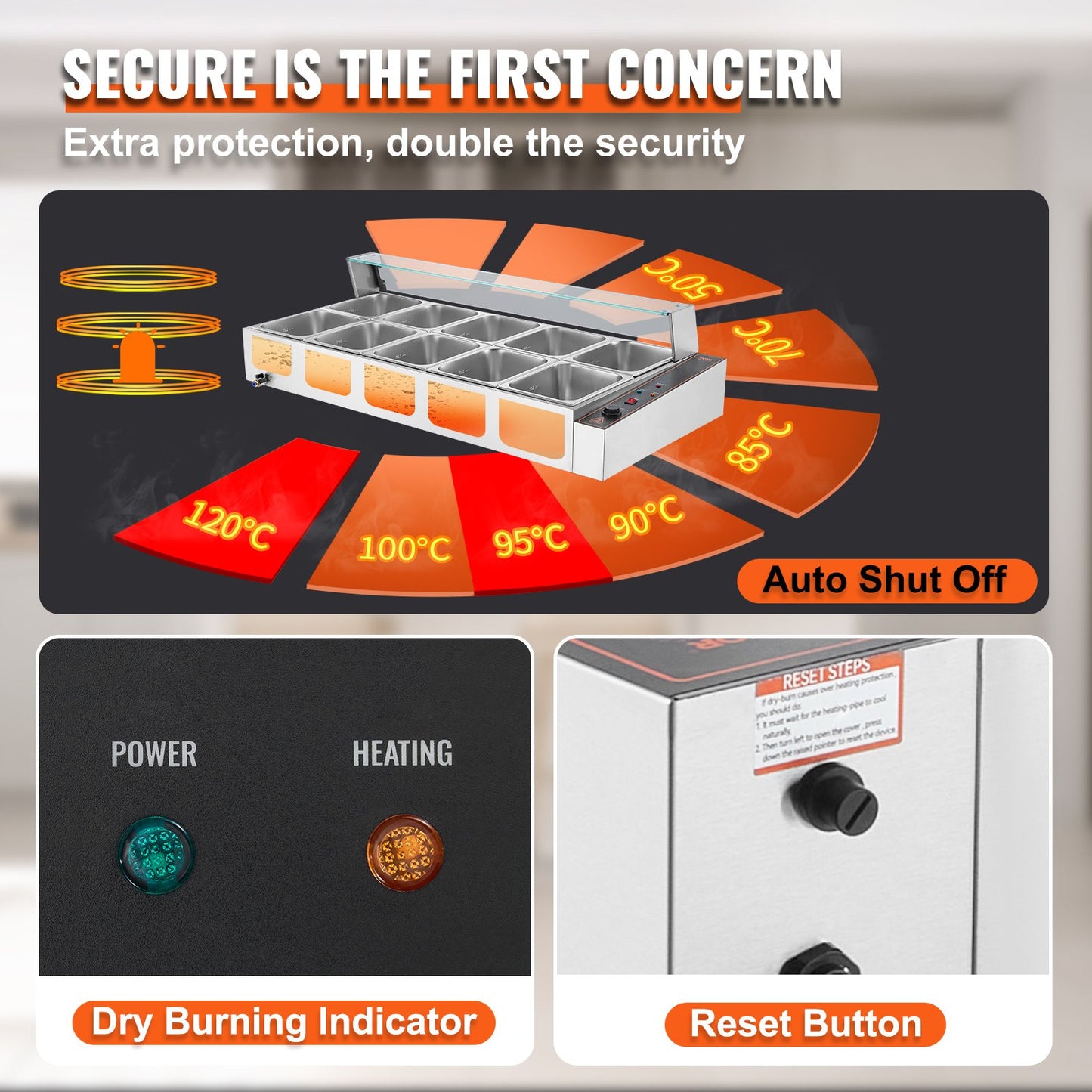 Kommersiell matvärmare med 8 pannor, elektriskt ångbord med 8 x 8QT och glaslock, 1700W bänkskiva i rostfritt stål, buffé med vattenbad, temperaturkontroll för catering och restauranger, silver