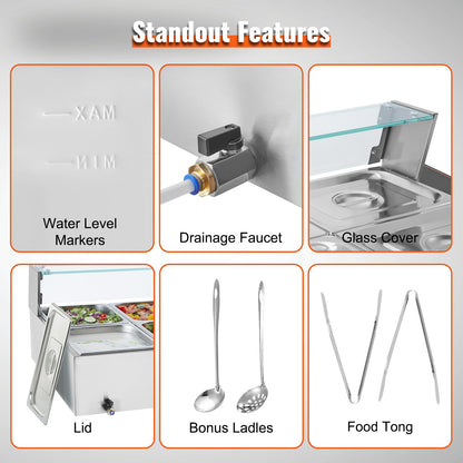 Kommersiell matvärmare med 8 pannor, elektriskt ångbord med 8 x 8QT och glaslock, 1700W bänkskiva i rostfritt stål, buffé med vattenbad, temperaturkontroll för catering och restauranger, silver