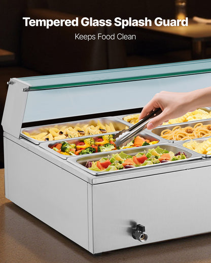 Kommersiell matvärmare, 1500W elektrisk ångvärmare i rostfritt stål med glaslock, 9-pannors bänkbuffé med bain-marie, soppa och perforerade slevar, för catering, restaurang och fest