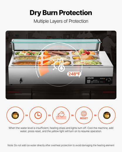 Kommersiell matvärmare, 1500W elektrisk ångvärmare i rostfritt stål med glaslock, 9-pannors bänkbuffé med bain-marie, soppa och perforerade slevar, för catering, restaurang och fest