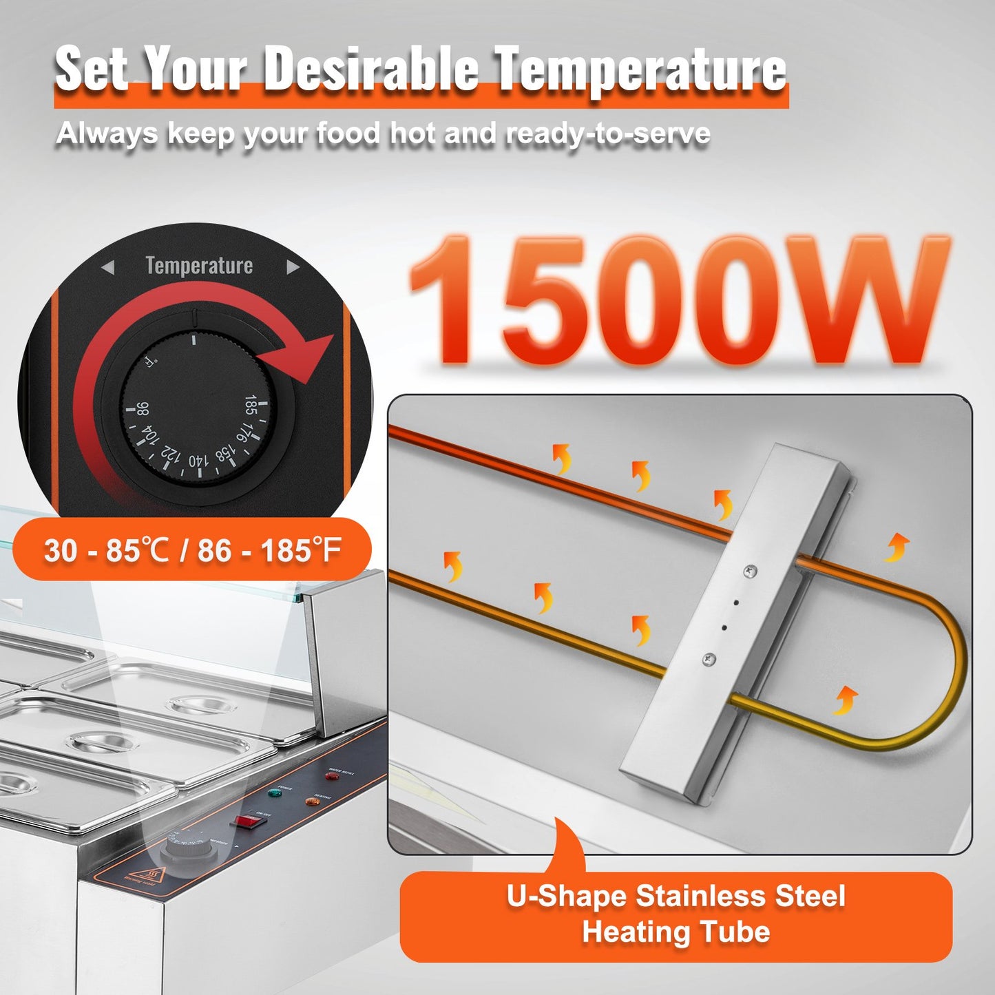 Kommersiell matvärmare med 9 pannor, elektriskt ångbord med 9 x 5QT och glaslock, 1500W bänkskiva i rostfritt stål, buffé med vattenbad, temperaturkontroll för catering och restauranger, silver
