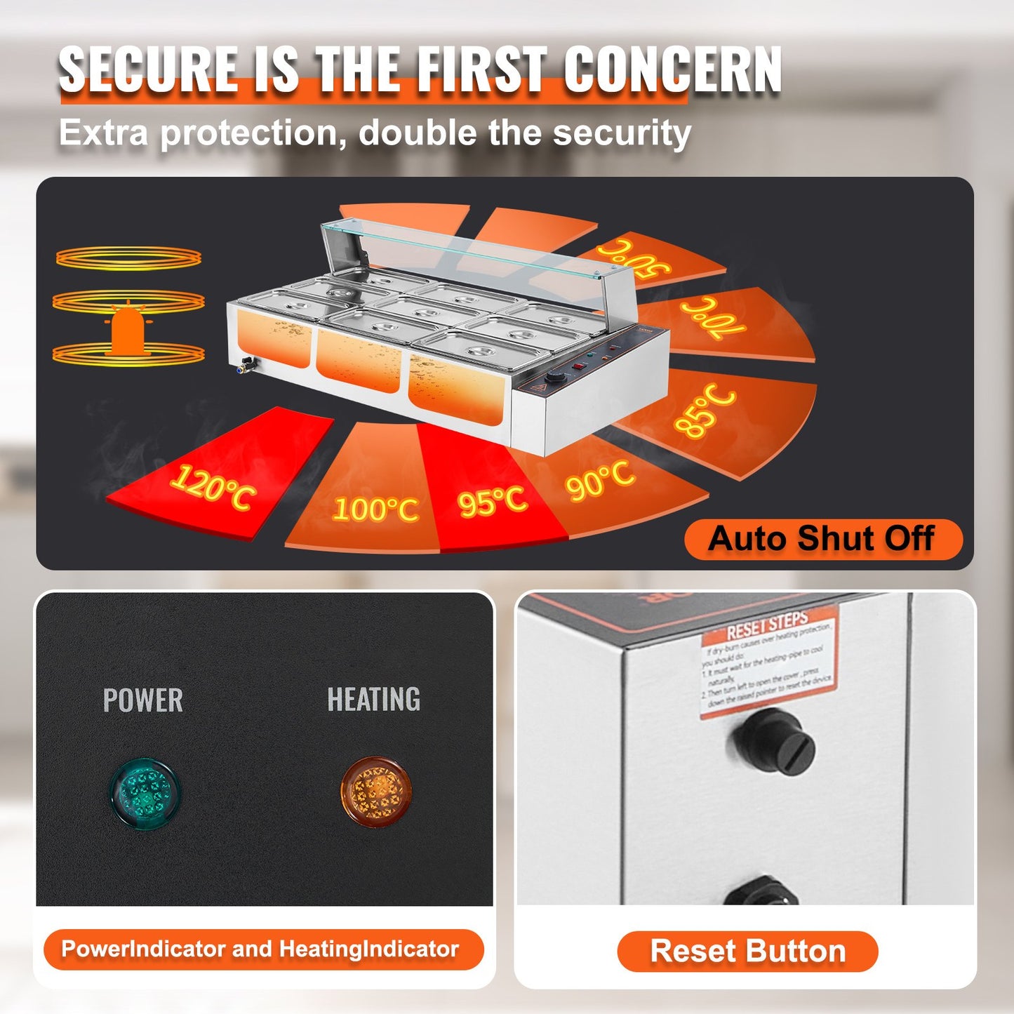 Kommersiell matvärmare med 9 pannor, elektriskt ångbord med 9 x 5QT och glaslock, 1500W bänkskiva i rostfritt stål, buffé med vattenbad, temperaturkontroll för catering och restauranger, silver