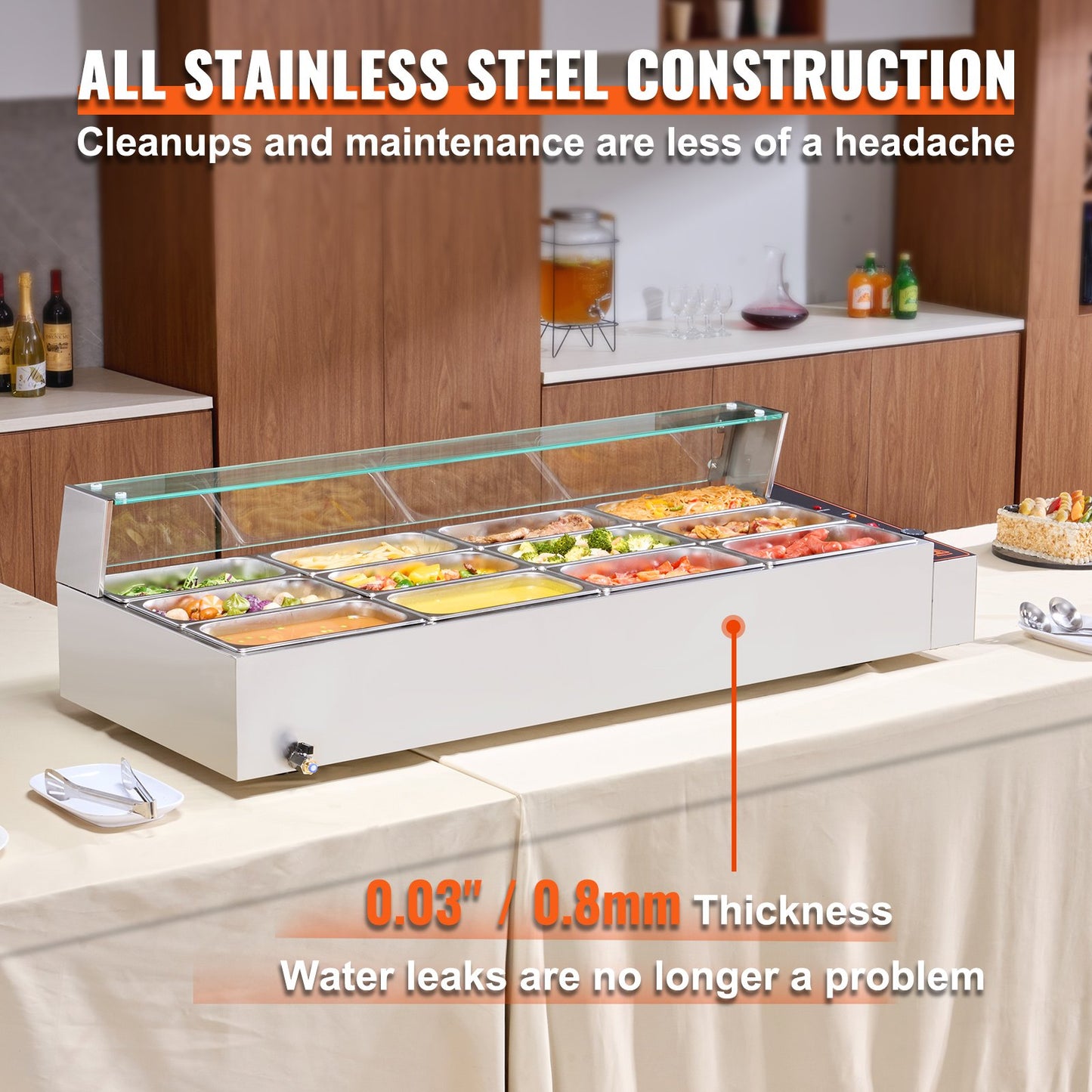 12-Pan Commercial Food Warmer, 12 x 5QT Electric Steam Table with Glass Cover, 1700W Countertop Stainless Steel Buffet Bain Marie 86-185°F Temp Control for Catering, Restaurants, Silver