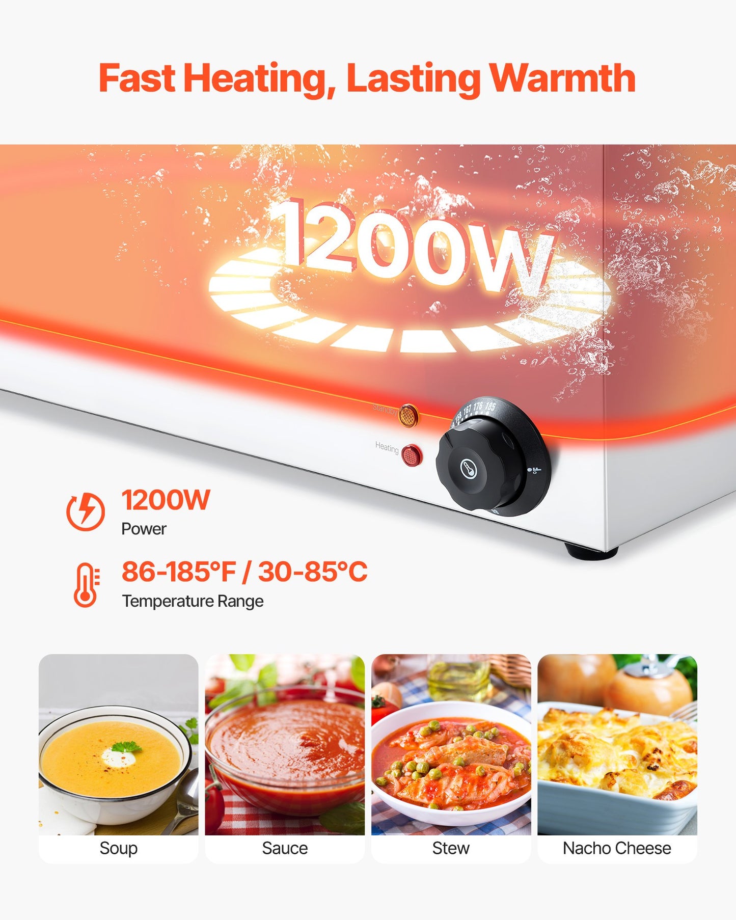 Kommersiell matvärmare, elektriskt ångbord med 2 pannor, 1200W professionell bänkskiva i rostfritt stål med buffévattenbad och temperaturkontroll på 30–85 °C för catering, bufféer, fester och restauranger.