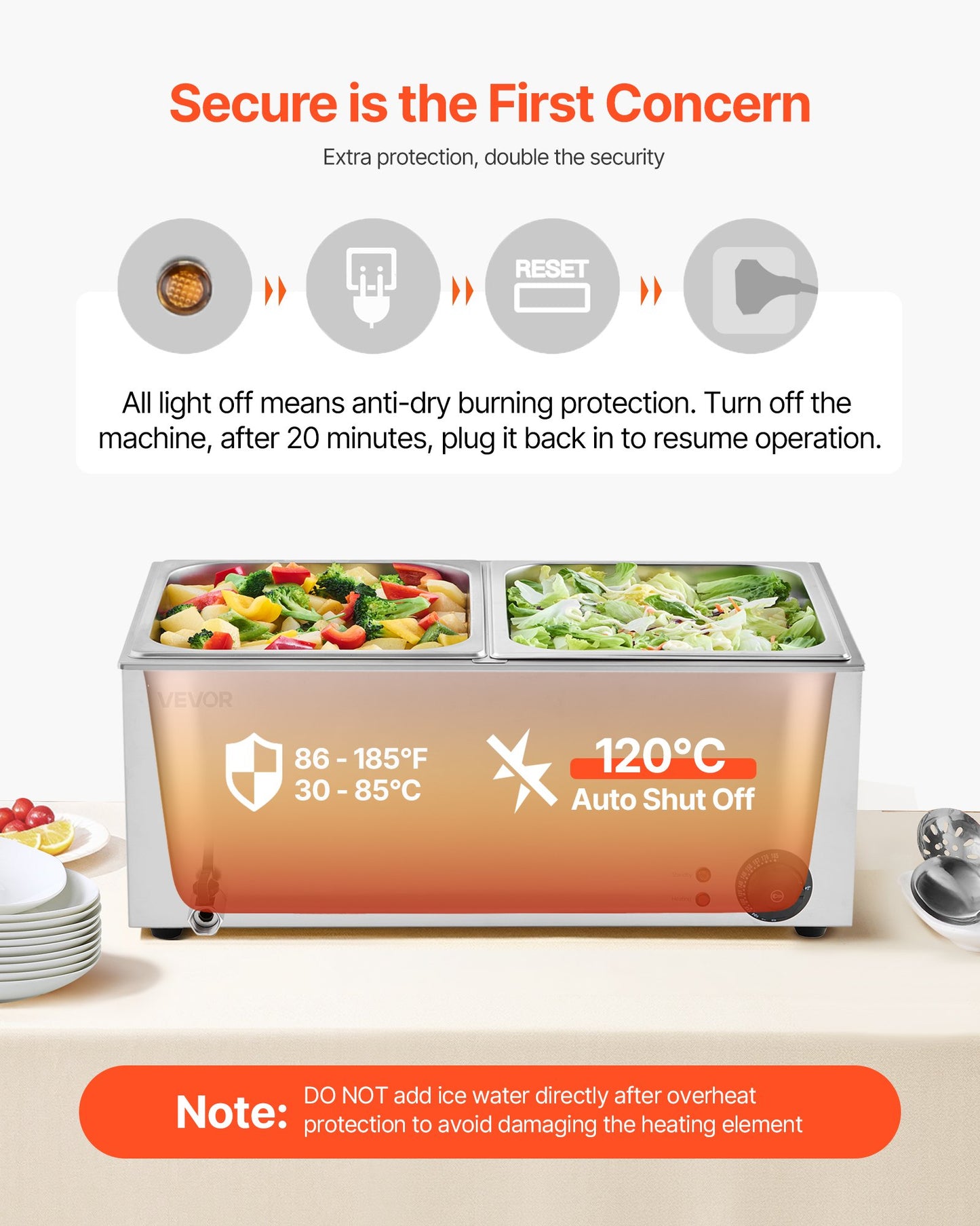 Kommersiell matvärmare, elektriskt ångbord med 2 pannor, 1200W professionell bänkskiva i rostfritt stål med buffévattenbad och temperaturkontroll på 30–85 °C för catering, bufféer, fester och restauranger.