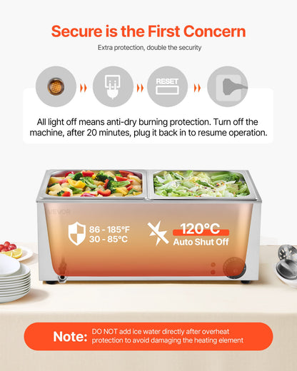 Kommersiell matvärmare, elektriskt ångbord med 2 pannor, 1200W professionell bänkskiva i rostfritt stål med buffévattenbad och temperaturkontroll på 30–85 °C för catering, bufféer, fester och restauranger.