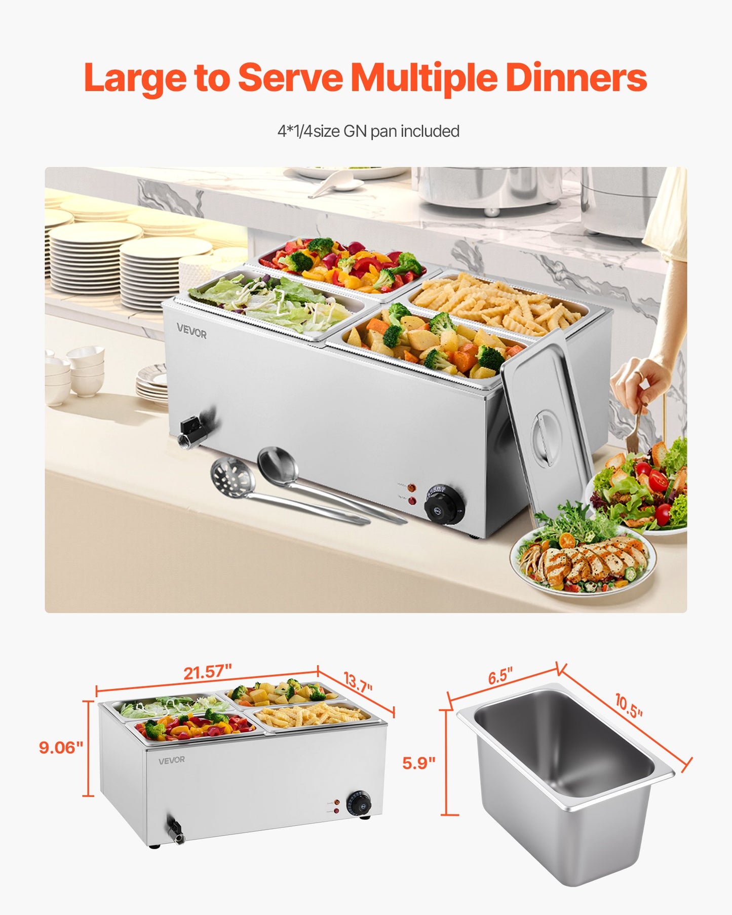 Commercial Food Warmer, 4-Pan Electric Steam Table, 1200W Professional Countertop Stainless Steel Buffet Bain Marie with 30-85°C Temp Control for Catering, Buffet, Parties, Restaurants