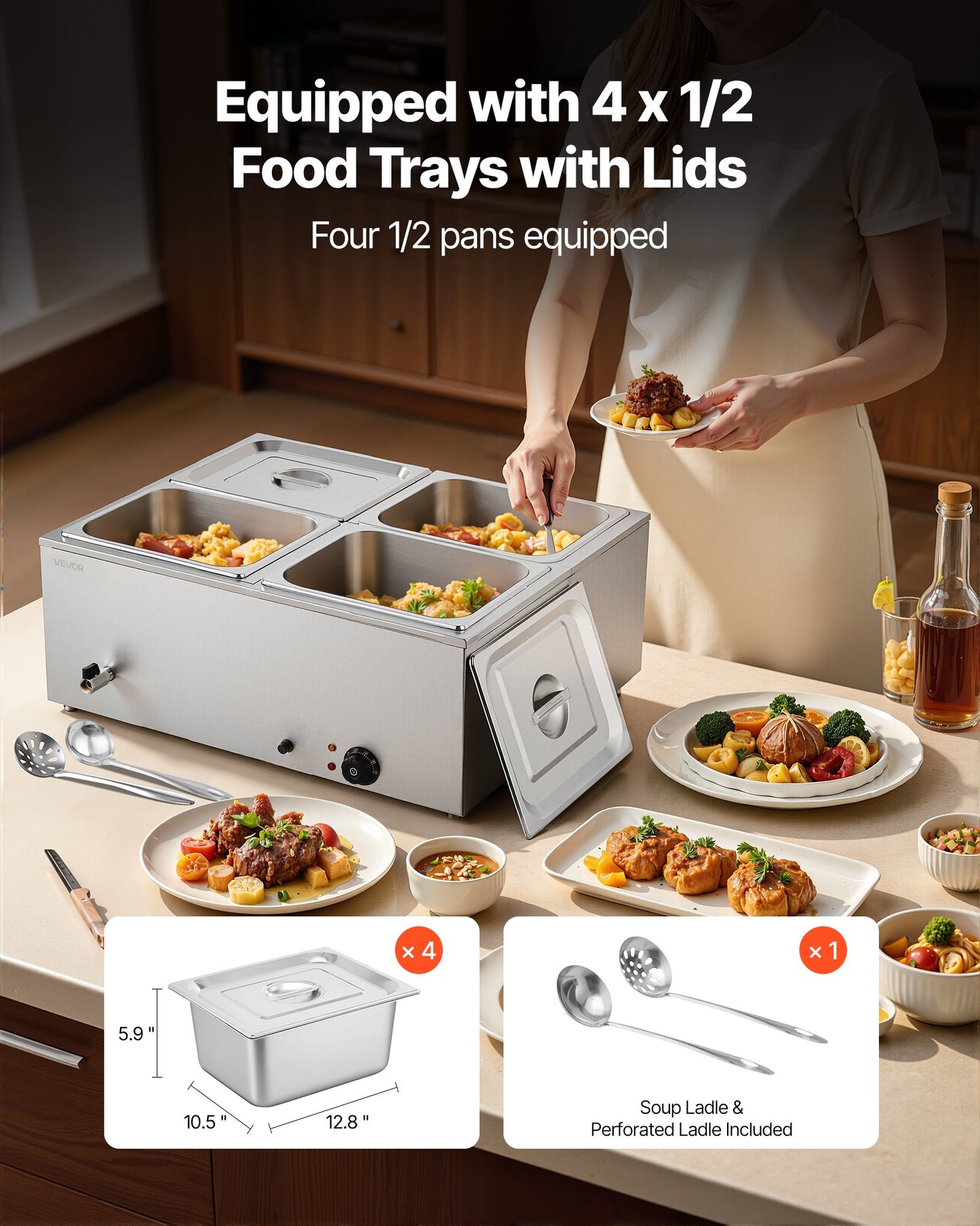 Kommersiell matvärmare, 1500W elektrisk ångvärmare i rostfritt stål med lock, snabbvärmande bänkbuffé med 4 pannor, soppa och perforerade slevar, för catering, restaurang, fest